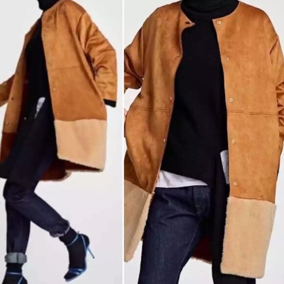 Zara Jacket Womens Small Suede & Fur Brown Golden Snap Buttons Classy Preppy - Picture 3 of 10